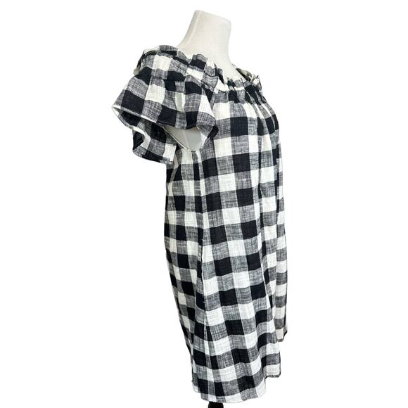 Corey Lynn Calter Gingham Off The Shoulder Linen Blend Dress Black White Medium - Picture 4 of 11
